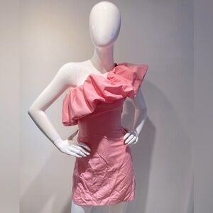One shoulder ruffle pink dress